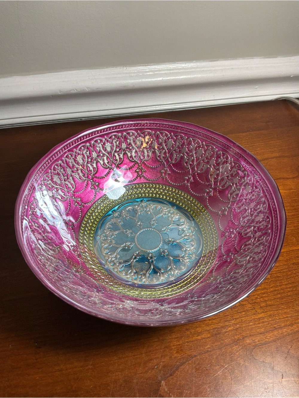 Turkish Goofus Glass hand painted Bowl Pink, Blue and Gold Decorative Glass Bowl
